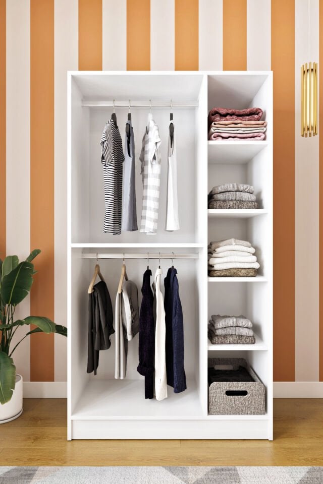 Ases Mobilya Ela7510 Çift Kapaklı Dolap 2 Askılı 4 Raflı Model Beyaz Safir Meşe