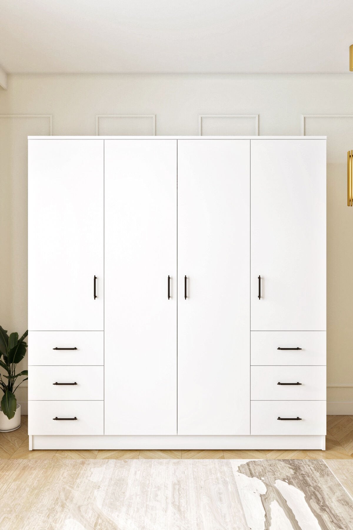 Ases Mobilya Asl8850 Gardırop 6 Çekmeceli 4 Kapaklı Geniş Modern Tasarım Beyaz-Safir Meşe