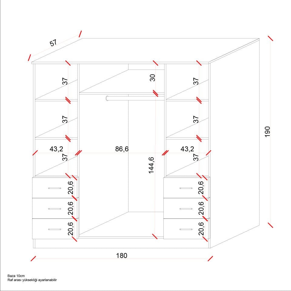 Ases Mobilya Asl8850 Gardırop 6 Çekmeceli 4 Kapaklı Geniş Modern Tasarım Beyaz-Safir Meşe