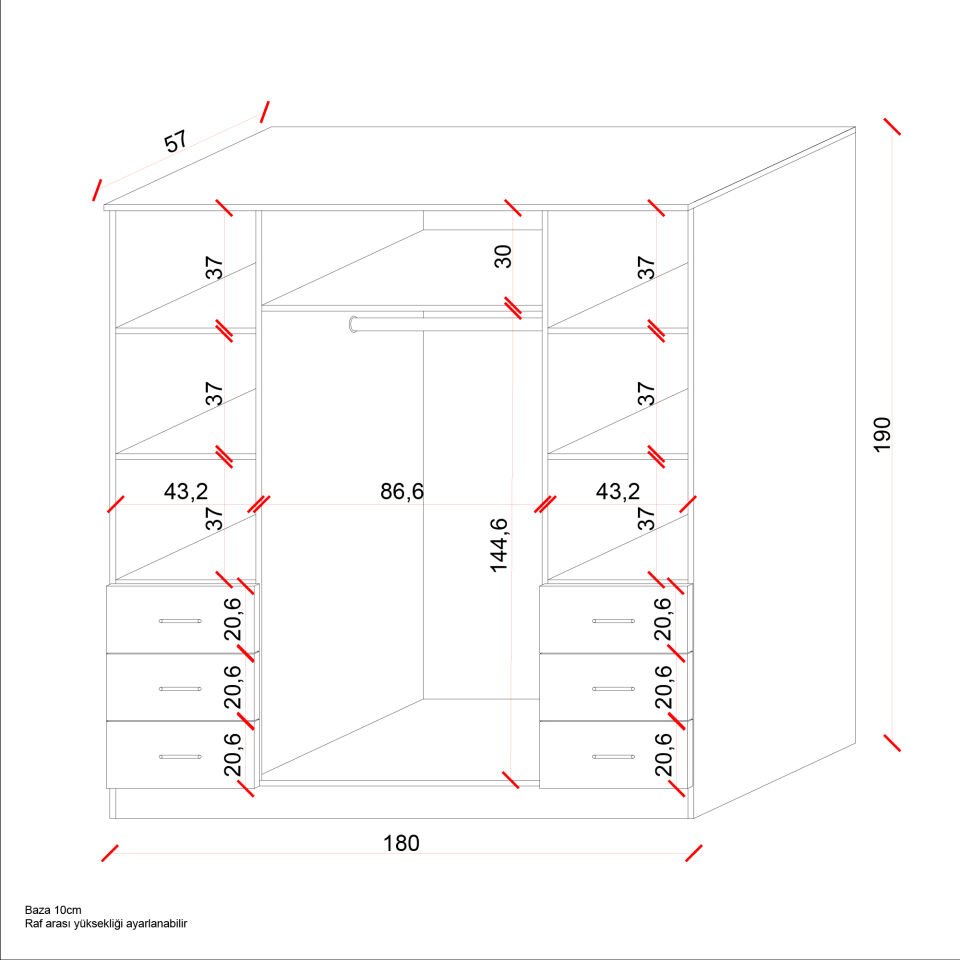 Ases Mobilya Asl8850 Gardırop 6 Çekmeceli 4 Kapaklı Geniş Modern Tasarım Beyaz-Safir Meşe