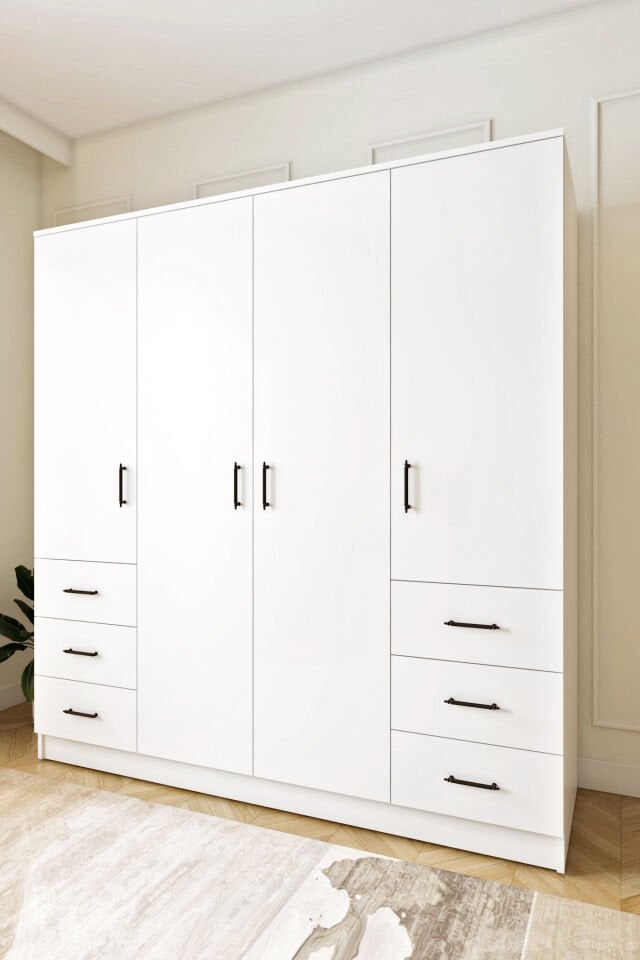Ases Mobilya Asl8850 Gardırop 6 Çekmeceli 4 Kapaklı Geniş Modern Tasarım Beyaz-Safir Meşe