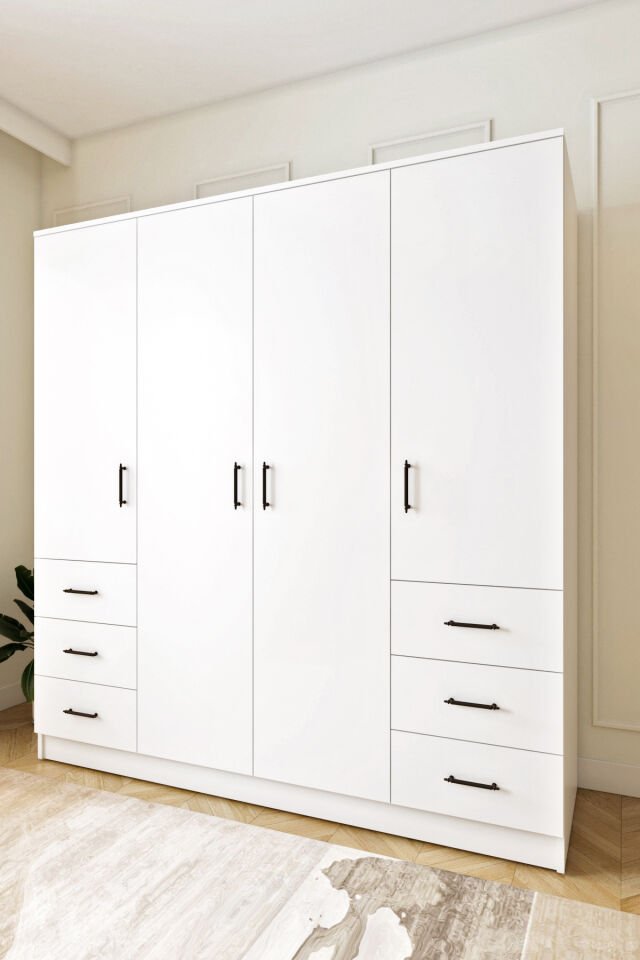 Ases Mobilya Asl8850 Gardırop 6 Çekmeceli 4 Kapaklı Geniş Modern Tasarım Beyaz-Safir Meşe