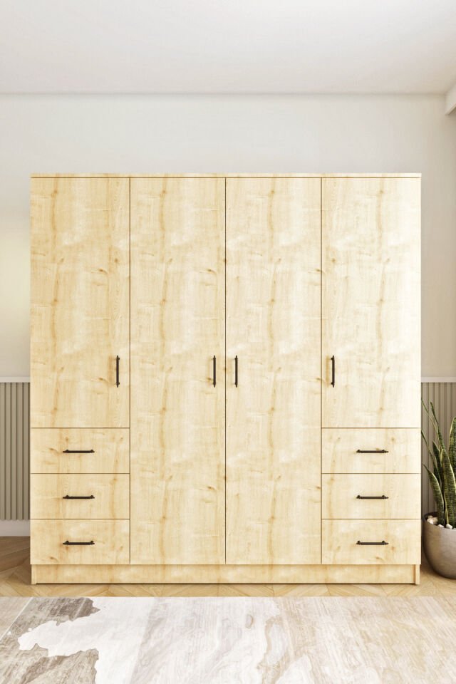 Ases Mobilya Asl8850 Gardırop 6 Çekmeceli 4 Kapaklı Geniş Modern Tasarım Beyaz-Safir Meşe