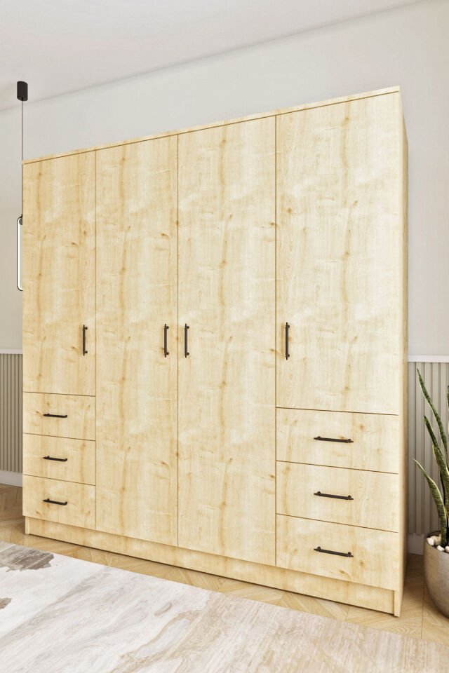 Ases Mobilya Asl8850 Gardırop 6 Çekmeceli 4 Kapaklı Geniş Modern Tasarım Beyaz-Safir Meşe