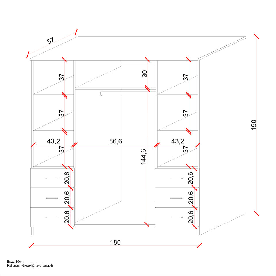 Ases Mobilya Asl8850 Gardırop 6 Çekmeceli 4 Kapaklı Geniş Modern Tasarım Beyaz-Safir Meşe Safir Meşe