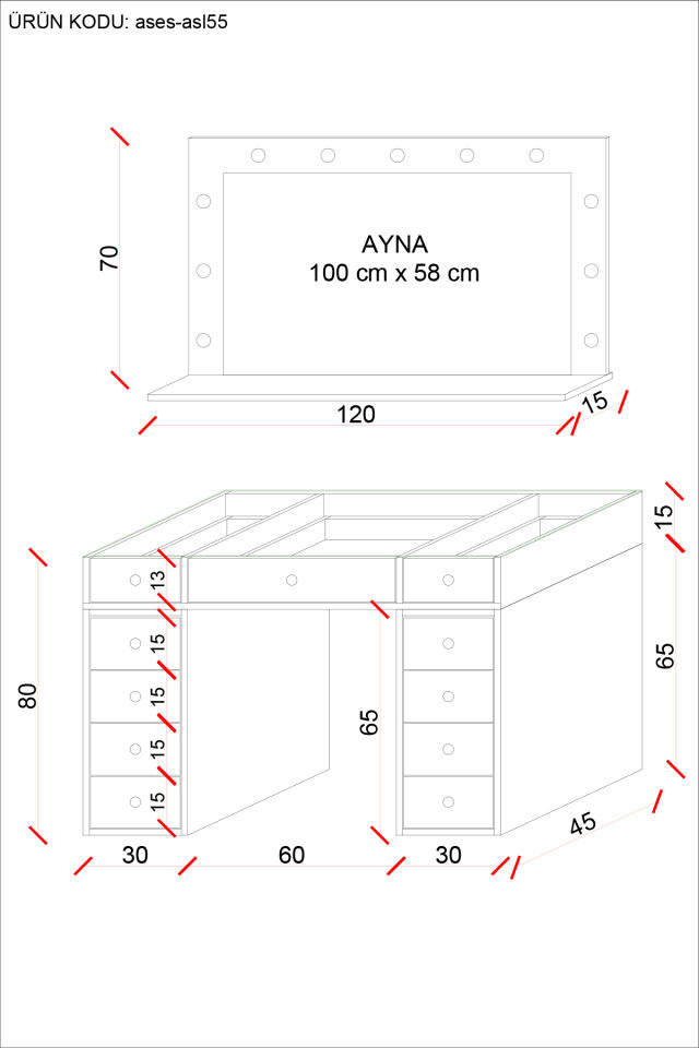 Ases Asl55 Hollywood Işıklı Geniş Aynalı Makyaj Masası Bol Çekmeceli Beyaz