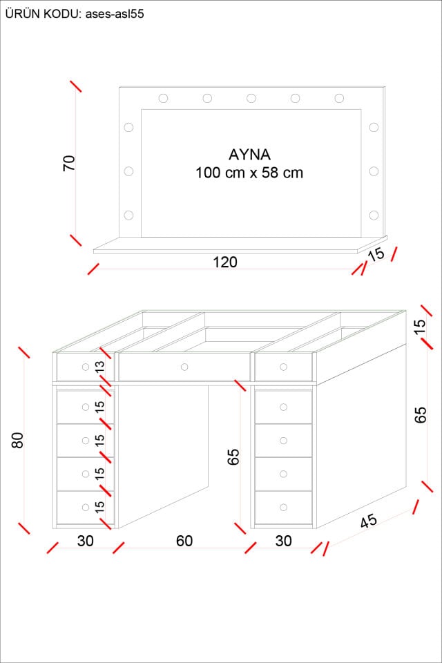 Ases Asl55 Hollywood Işıklı Geniş Aynalı Makyaj Masası Bol Çekmeceli Beyaz