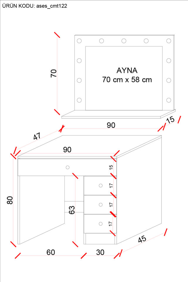 Ases Cmt122 Hollywood Işıklı Aynalı Çekmeceli Makyaj Masası Modern Tasarım