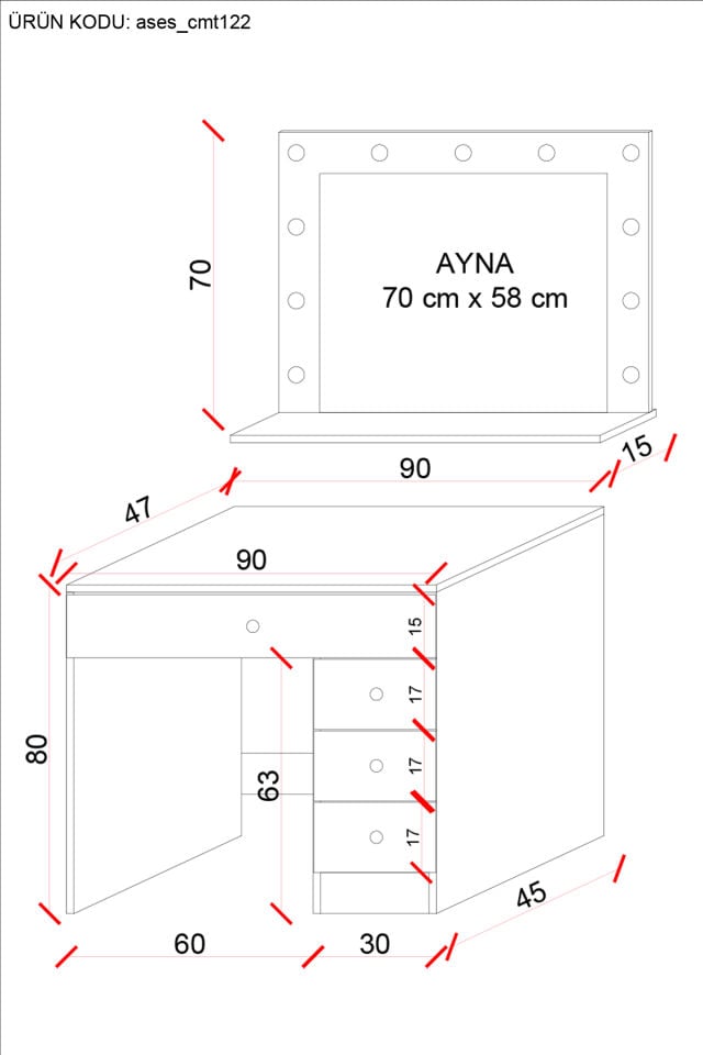 Ases Cmt122 Hollywood Işıklı Aynalı Çekmeceli Makyaj Masası Modern Tasarım