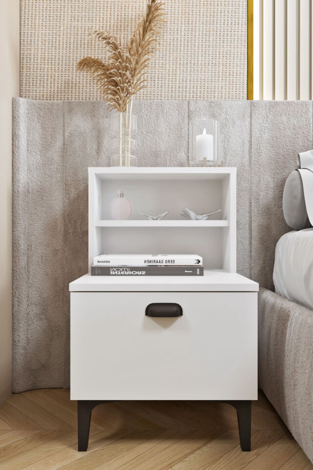 Ases Ela530 Komodin 2 Raflı Modern Ayaklı Çekmeceli Komodin Beyaz