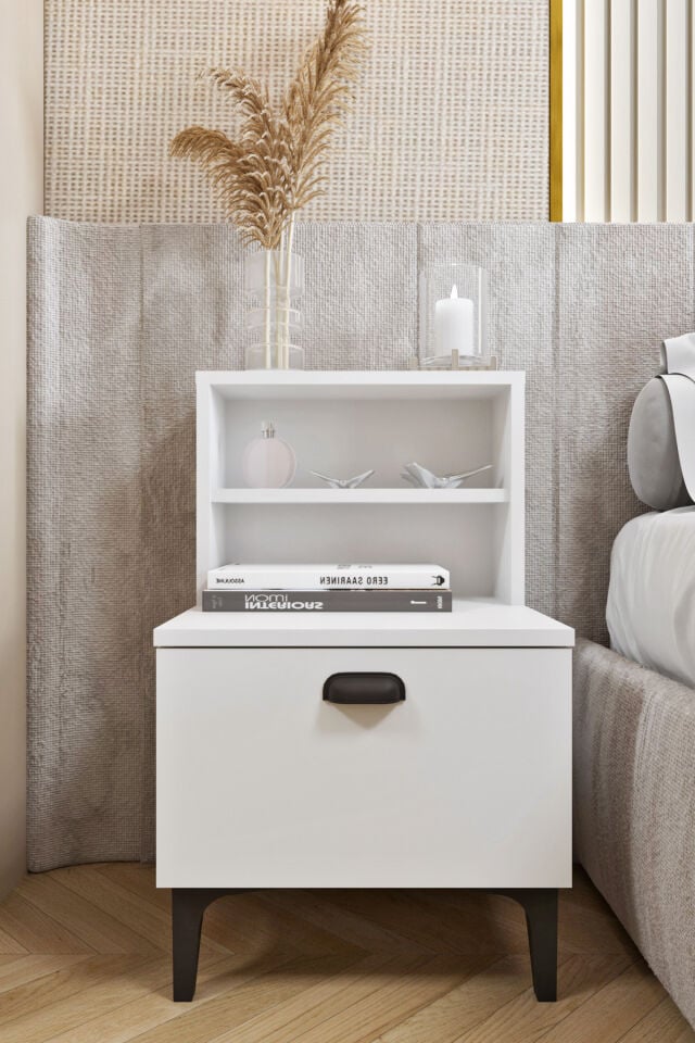 Ases Ela530 Komodin 2 Raflı Modern Ayaklı Çekmeceli Komodin Beyaz
