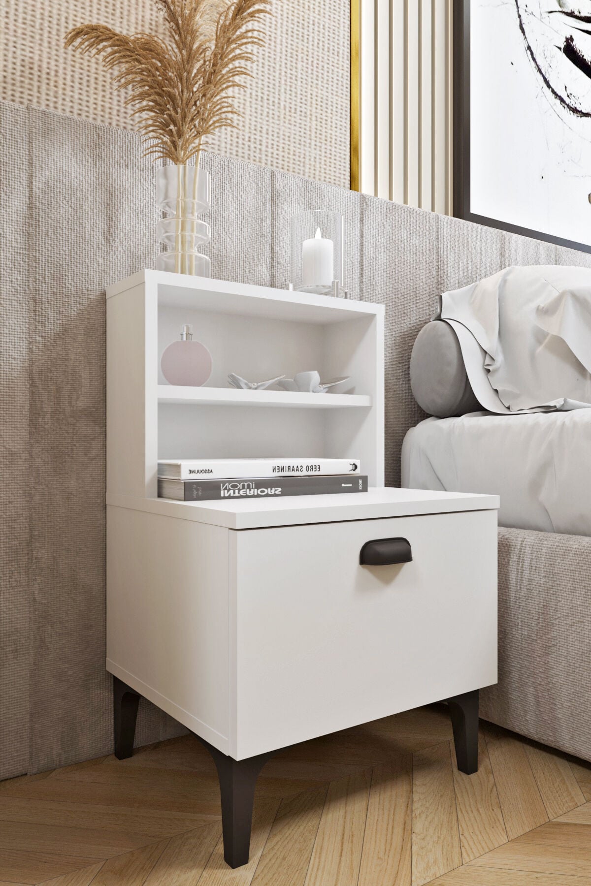 Ases Ela530 Komodin 2 Raflı Modern Ayaklı Çekmeceli Komodin Beyaz