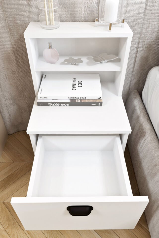Ases Ela530 Komodin 2 Raflı Modern Ayaklı Çekmeceli Komodin Beyaz