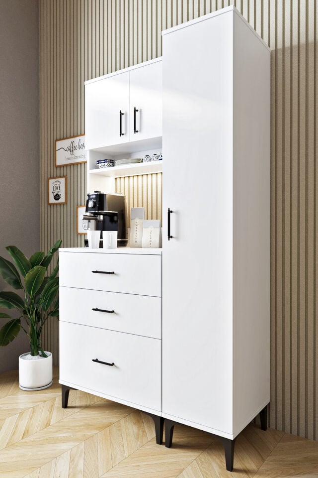 Ases Mobilya ASL4015 Led Işıklı Kahve Köşesi Çekmeceli Boy Dolaplı Çok Amaçlı Mutfak Dolabı Beyaz - Safir Meşe