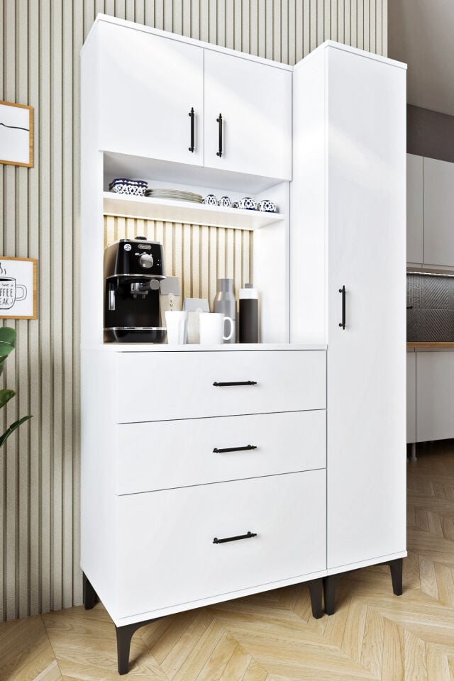 Ases Mobilya ASL4015 Led Işıklı Kahve Köşesi Çekmeceli Boy Dolaplı Çok Amaçlı Mutfak Dolabı Beyaz - Safir Meşe