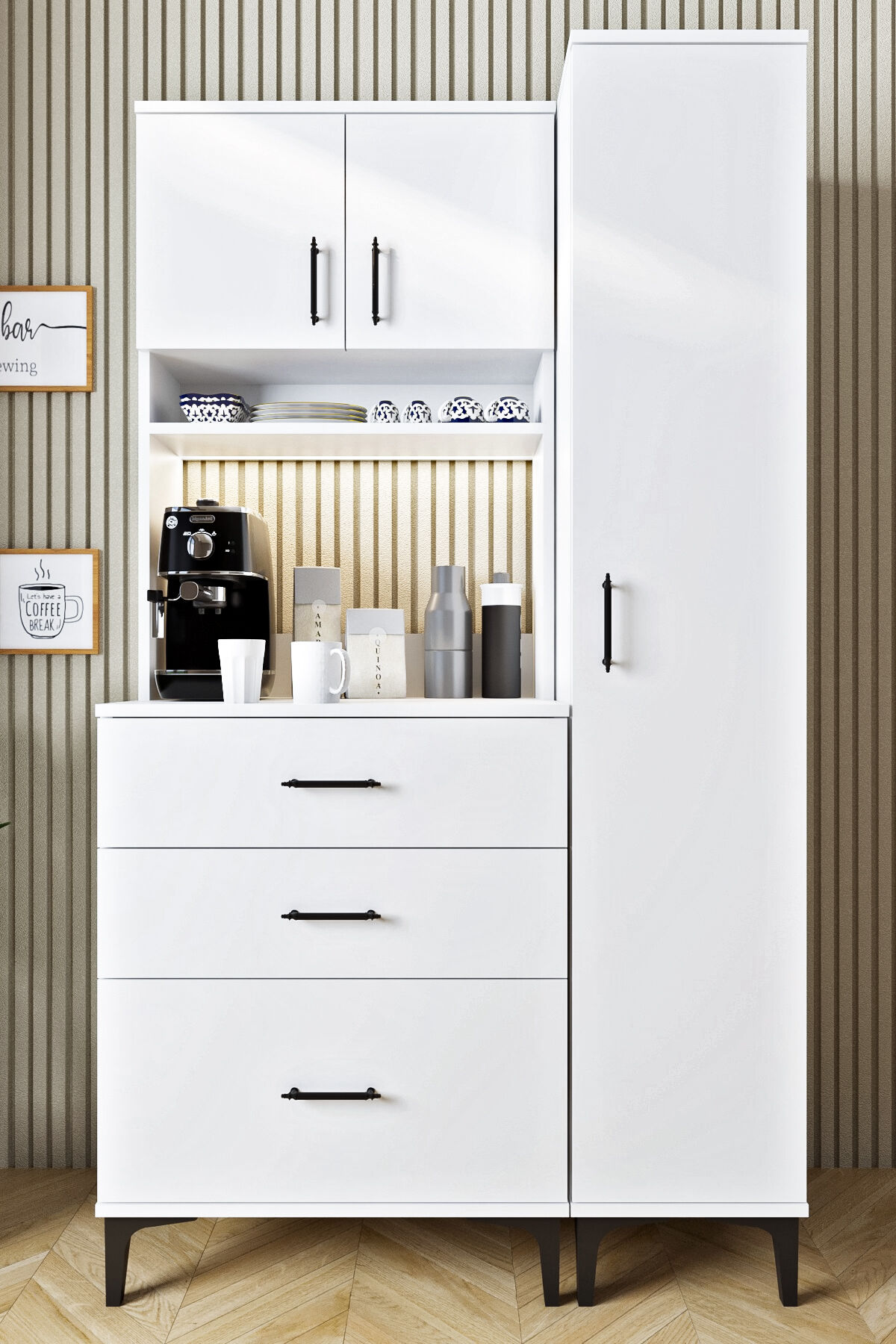 Ases Mobilya ASL4015 Led Işıklı Kahve Köşesi Çekmeceli Boy Dolaplı Çok Amaçlı Mutfak Dolabı Beyaz - Safir Meşe