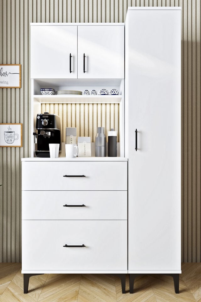 Ases Mobilya ASL4015 Led Işıklı Kahve Köşesi Çekmeceli Boy Dolaplı Çok Amaçlı Mutfak Dolabı Beyaz - Safir Meşe