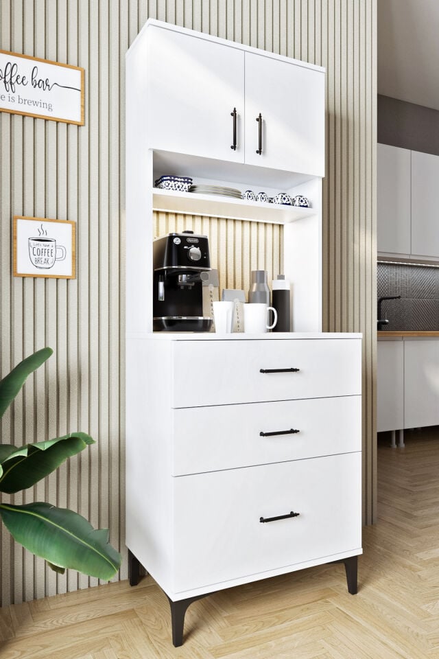 Ases Mobilya Asl4010 Led Işıklı Kahve Köşesi Çekmeceli Çok Amaçlı Mutfak Dolabı Beyaz - Safir Meşe