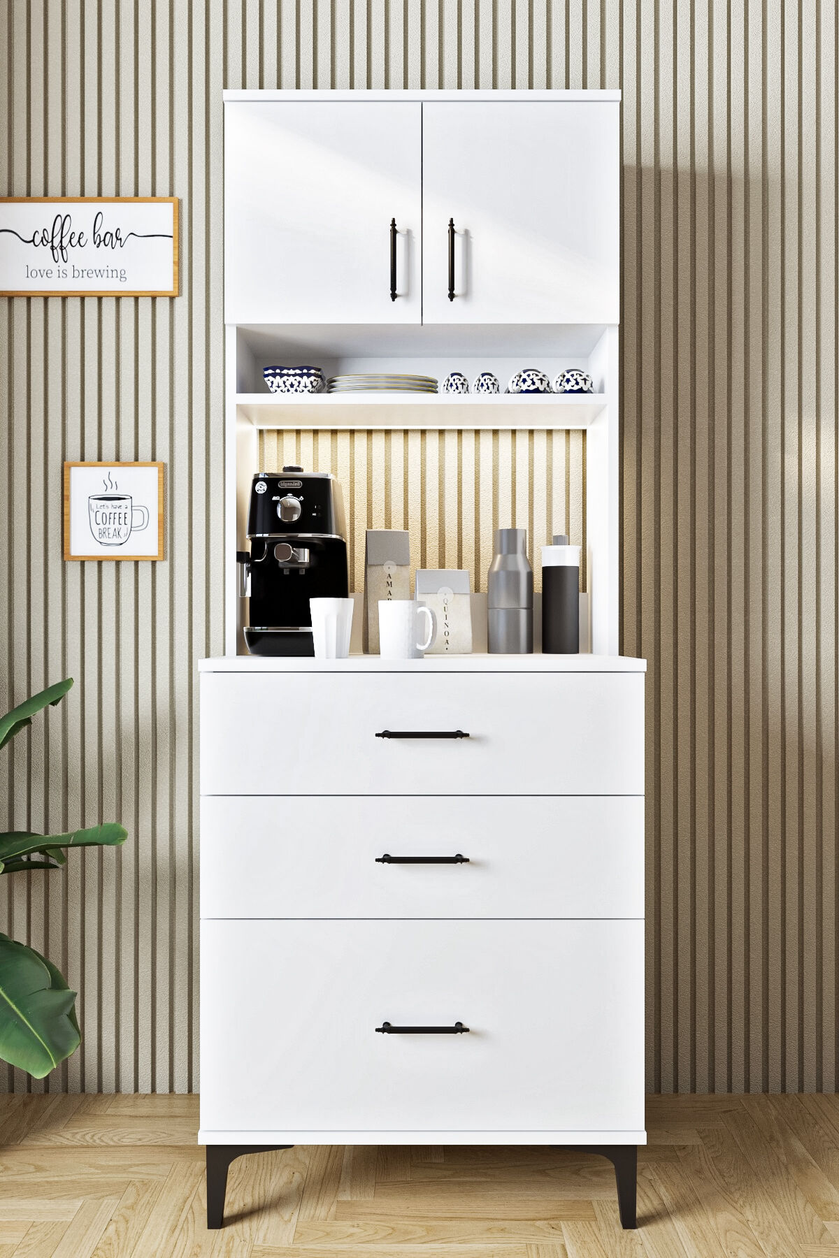 Ases Mobilya Asl4010 Led Işıklı Kahve Köşesi Çekmeceli Çok Amaçlı Mutfak Dolabı Beyaz - Safir Meşe