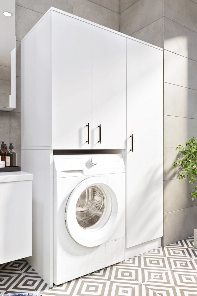 Ases Mobilya Esl0255 Çamaşır Makinesi ve Kurutma Makinesi Boy Dolaplı Banyo Dolabı Beyaz Mükemmel Tasarım