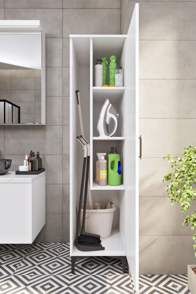 Ases Mobilya Esl0250 Çok Amaçlı Ayaklı Boy Dolap Banyo Dolabı Beyaz