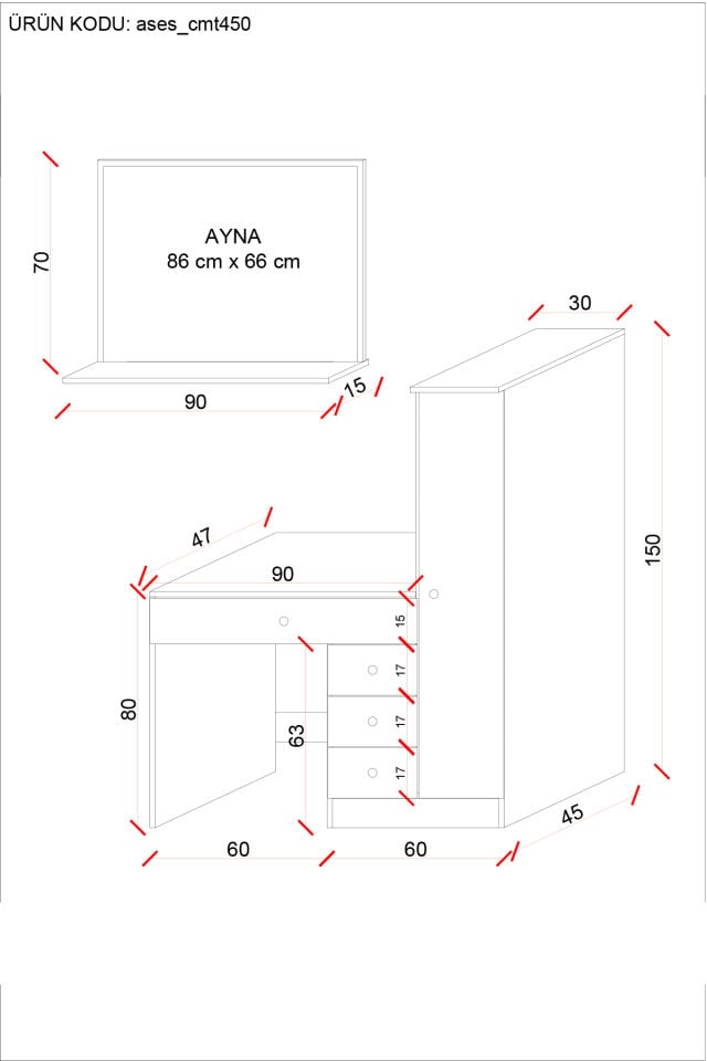 Ases Mobilya Cmt450 Aynalı Boy Dolaplı Çekmeceli Makyaj Masası Modern Tasarım Beyaz