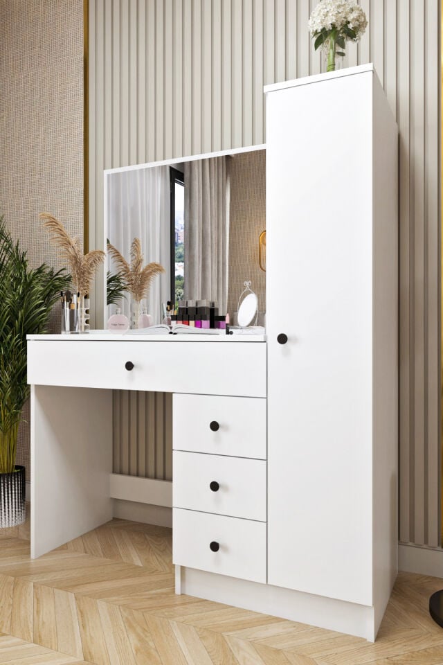 Ases Mobilya Cmt450 Aynalı Boy Dolaplı Çekmeceli Makyaj Masası Modern Tasarım Beyaz