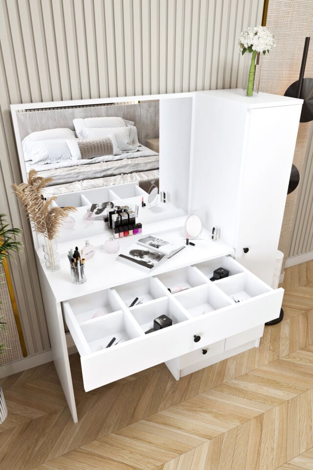 Ases Mobilya Cmt450 Aynalı Boy Dolaplı Çekmeceli Makyaj Masası Modern Tasarım Beyaz