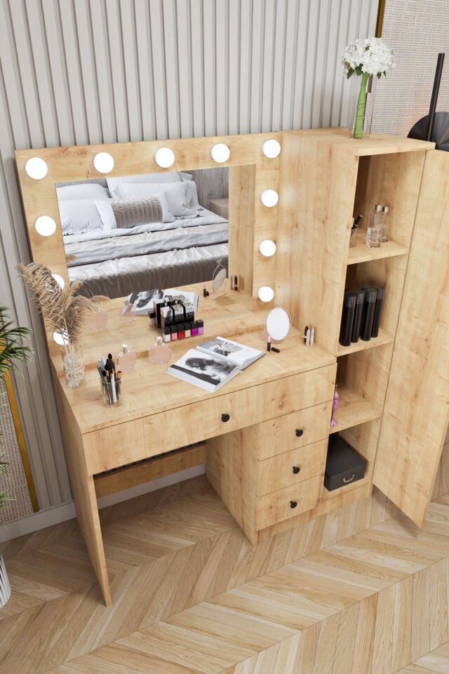 Ases Mobilya Cmt520 Hollywood Işıklı Aynalı Boy Dolaplı Çekmeceli Makyaj Masası Modern Tasarım Safir Meşe