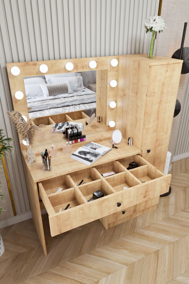 Ases Mobilya Cmt520 Hollywood Işıklı Aynalı Boy Dolaplı Çekmeceli Makyaj Masası Modern Tasarım Safir Meşe