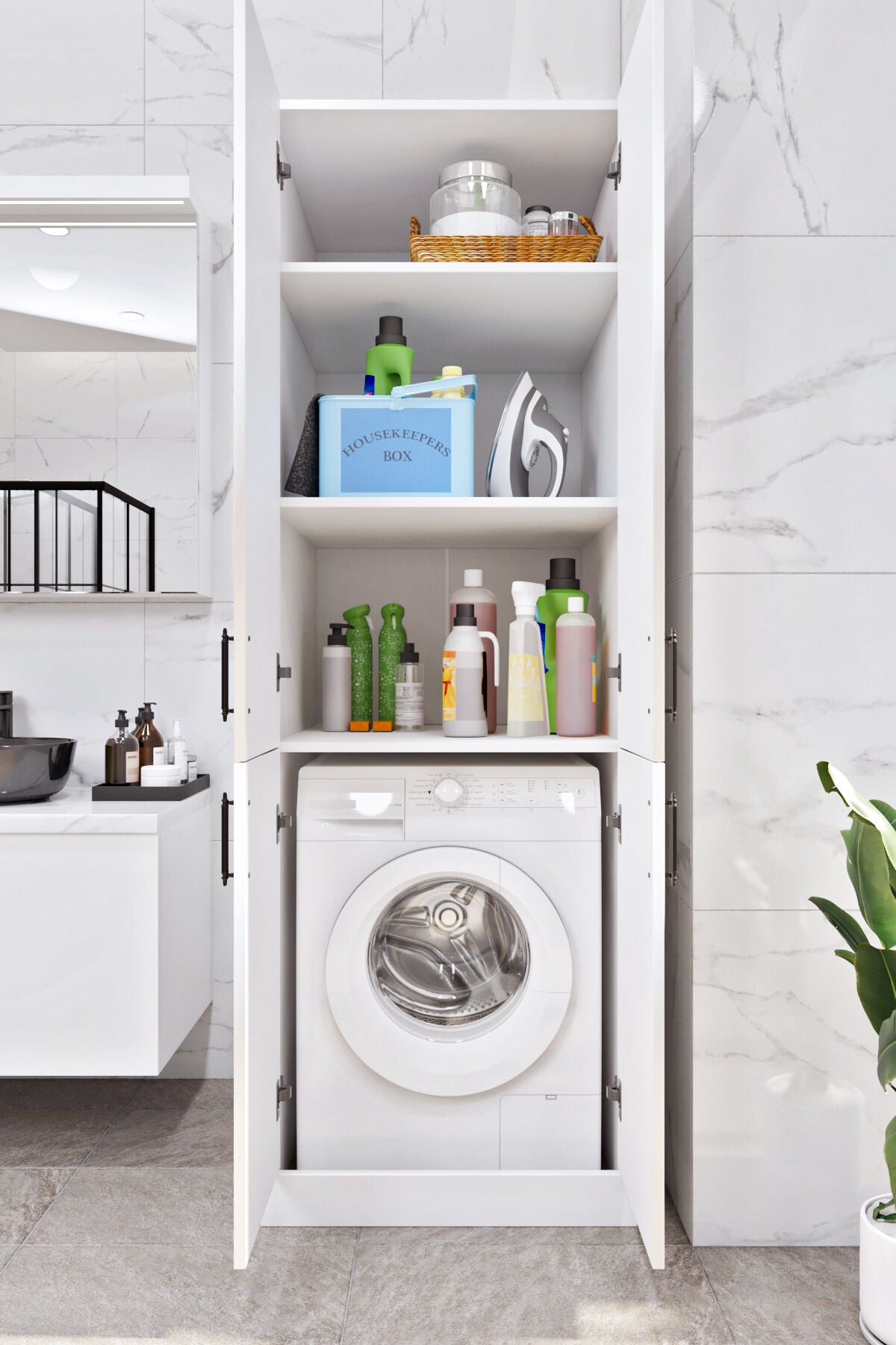 Ases Mobilya Esl0213 Makine Dolabı Raflı ve Kapaklı Banyo Dolabı Beyaz