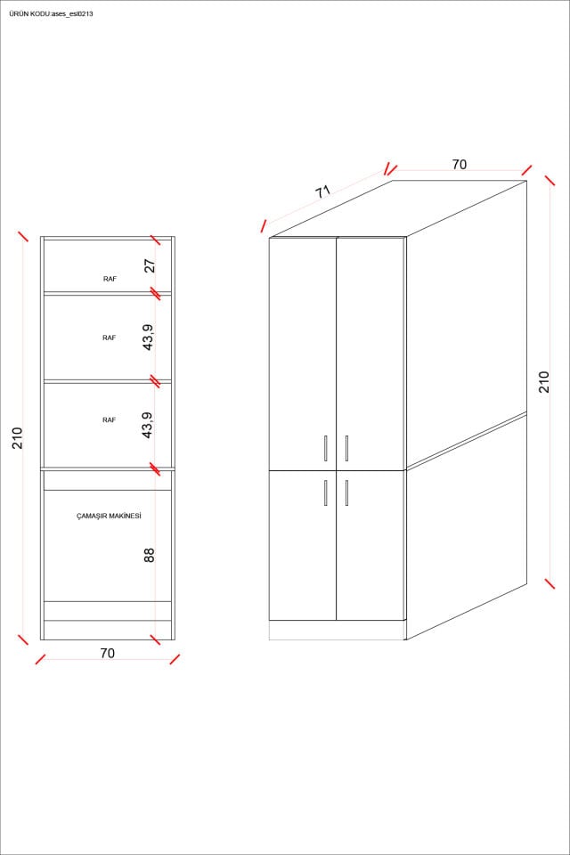 Ases Mobilya Esl0213 Makine Dolabı Raflı ve Kapaklı Banyo Dolabı Beyaz
