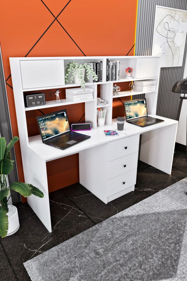Ases Mobilya Ases Ela222 İki Kişilik Raflı 3 Çekmeceli Çalışma Ofis ve Bilgisayar Masası Beyaz - Safir Meşe