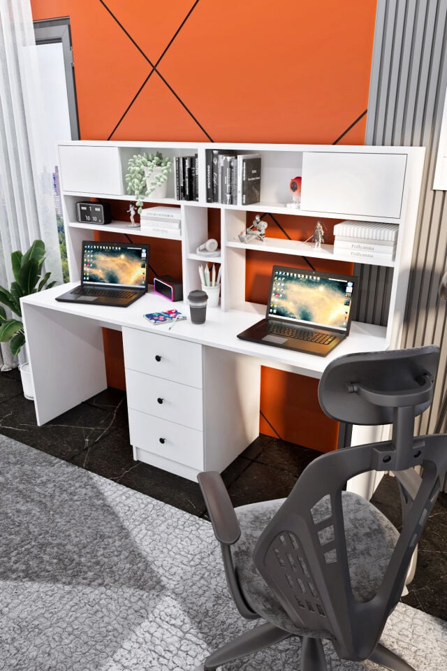 Ases Mobilya Ases Ela222 İki Kişilik Raflı 3 Çekmeceli Çalışma Ofis ve Bilgisayar Masası Beyaz - Safir Meşe