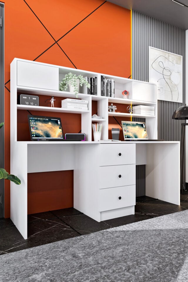 Ases Mobilya Ases Ela222 İki Kişilik Raflı 3 Çekmeceli Çalışma Ofis ve Bilgisayar Masası Beyaz - Safir Meşe