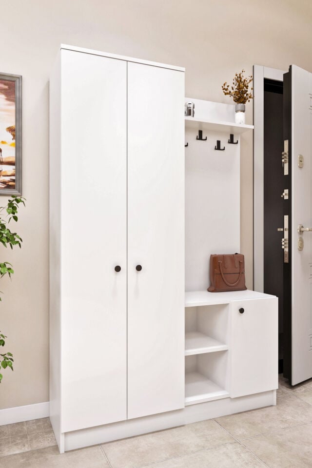 Ases Mobilya Ases Esl743 Modern Portmanto Kapaklı Raflı Askılı Ayakkabılık Vestiyer Beyaz - Safir Meşe