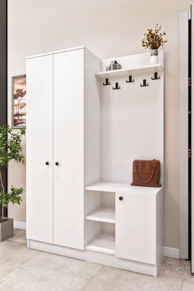 Ases Mobilya Ases Esl743 Modern Portmanto Kapaklı Raflı Askılı Ayakkabılık Vestiyer Beyaz - Safir Meşe