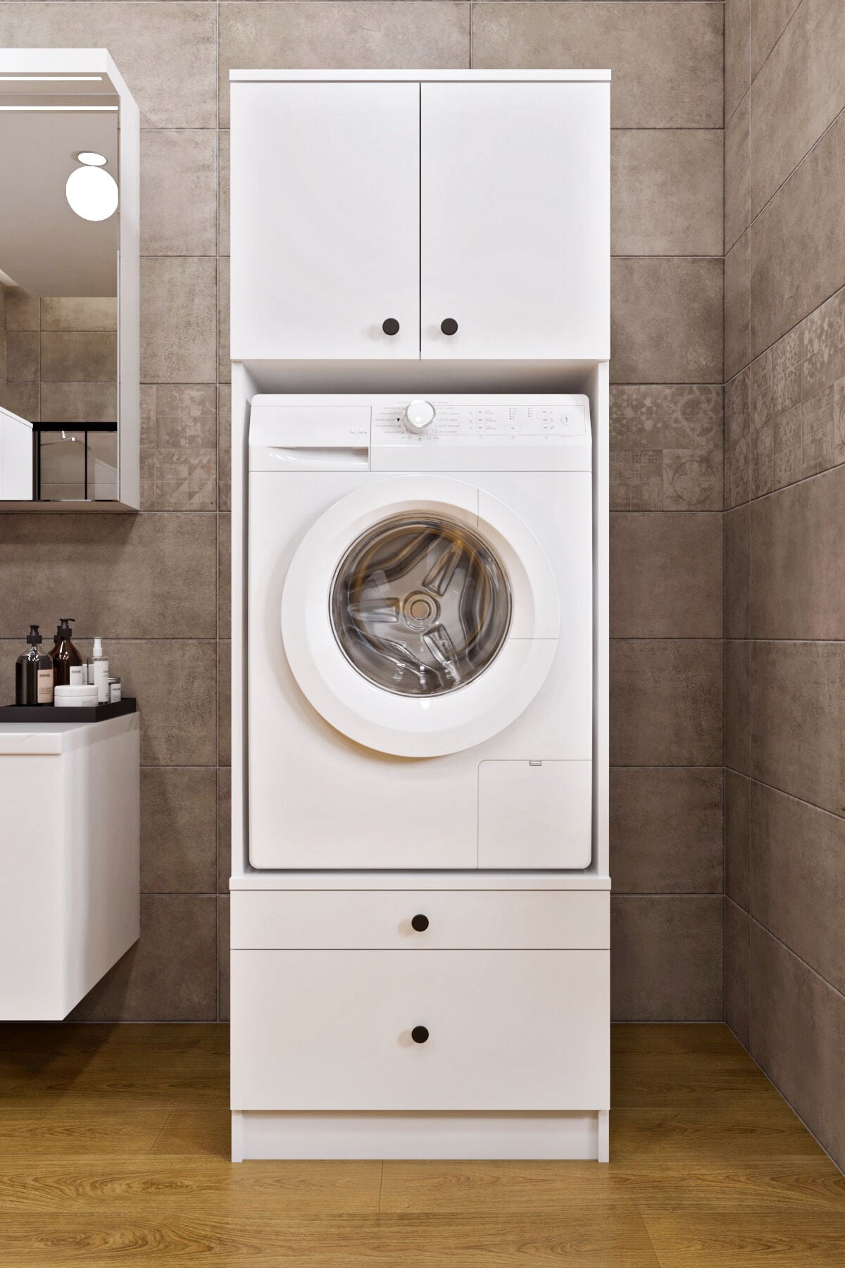 Ases Mobilya Ases ELZ533 Çamaşır Makinesi ve Kurutma Makinesi Ekstra Boy 4 Kapak 4 Çekmece Banyo Dolabı Beyaz - Safir Meşe