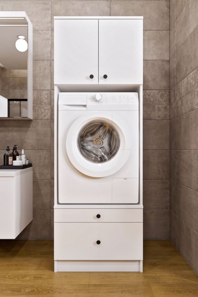 Ases Mobilya Ases ELZ533 Çamaşır Makinesi ve Kurutma Makinesi Ekstra Boy 4 Kapak 4 Çekmece Banyo Dolabı Beyaz - Safir Meşe