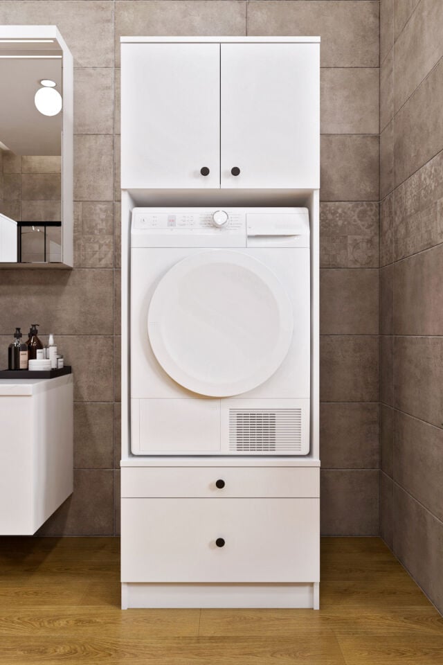 Ases Mobilya Ases ELZ533 Çamaşır Makinesi ve Kurutma Makinesi Ekstra Boy 4 Kapak 4 Çekmece Banyo Dolabı Beyaz - Safir Meşe