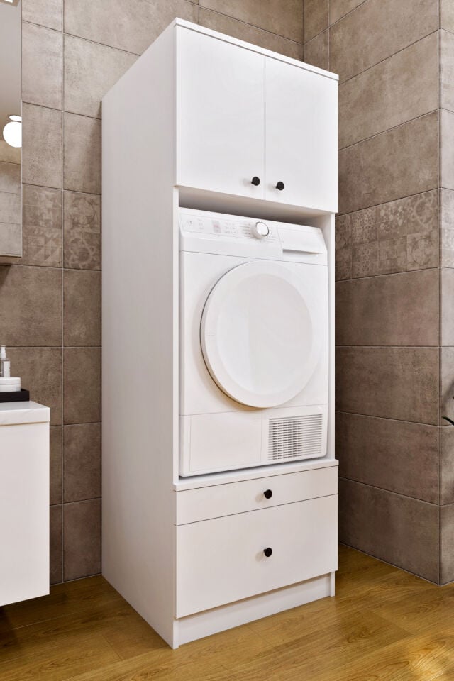 Ases Mobilya Ases ELZ533 Çamaşır Makinesi ve Kurutma Makinesi Ekstra Boy 4 Kapak 4 Çekmece Banyo Dolabı Beyaz - Safir Meşe