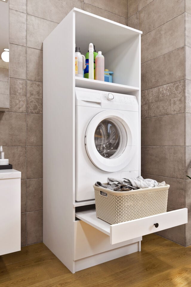 Ases Mobilya Ases ELZ533 Çamaşır Makinesi ve Kurutma Makinesi Ekstra Boy 4 Kapak 4 Çekmece Banyo Dolabı Beyaz - Safir Meşe