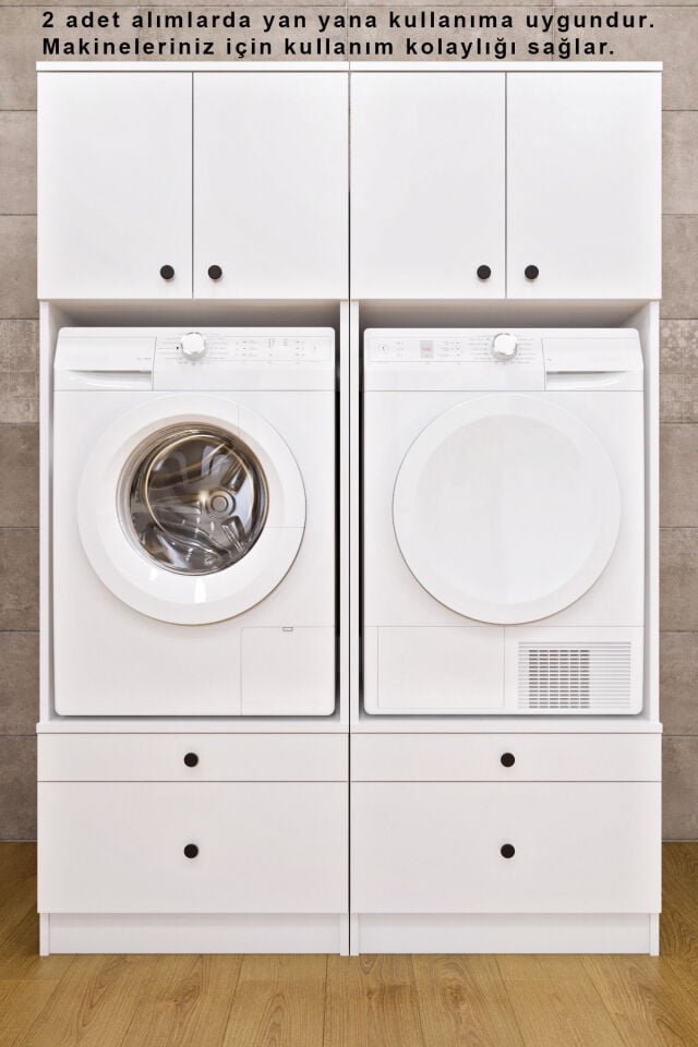 Ases Mobilya Ases ELZ533 Çamaşır Makinesi ve Kurutma Makinesi Ekstra Boy 4 Kapak 4 Çekmece Banyo Dolabı Beyaz - Safir Meşe